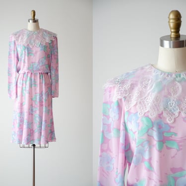 cute cottagecore dress | 80s vintage pastel lavender light purple pink aqua floral lace collar knee length dress 