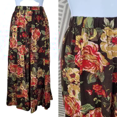 Vtg Floral Skirt Plus 1X Romantic Elastic Waist Pull On Brown Rose Cottagecore 