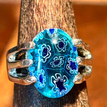 Vintage Murano Art Glass Millefiori Ring Set In Silver Tone Metal Blue Flowers Retro Jewelry Gift 