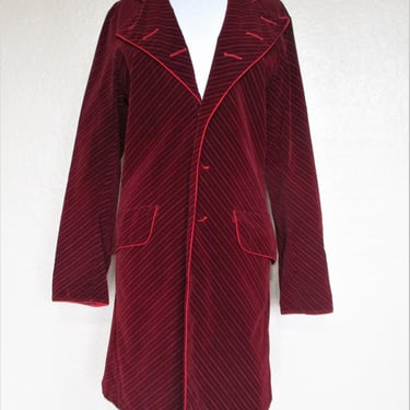 Steampunk Coat, Vintage 1990s Redballs On Fire Goth Coat, Small Women, burgundy striped velvet 