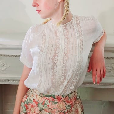 30s White Blouse Lace Front Back Buttons Short Sleeves 