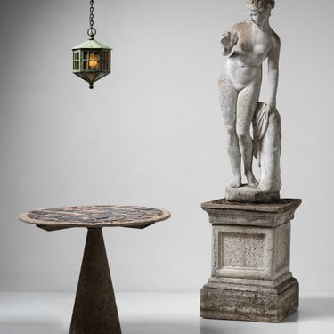 Composite Stone Statue of Eve on Plinth / Concrete and Stained Glass Garden Table  / Hexagonal Outdoor Lantern