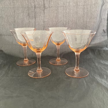 Set of 2 Antique Pink Crystal Cocktail Coupe Glasses, 4 Ounces, Optic Panels, Depression Glass, Art Deco Martini Glasses, Champagne Saucers 