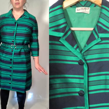 Vintage 60s Green And Navy Blue Striped Holiday Dress Union Label Size L/XL 