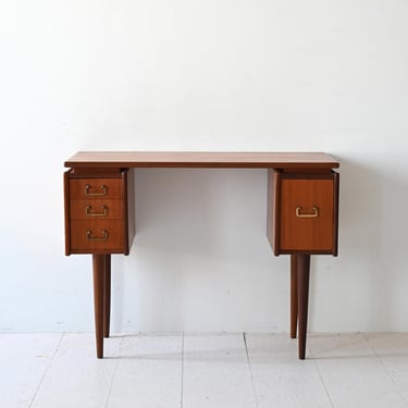 Vintage Danish Teak Freestanding Desk with Drawers and Brass Handles, Mid-Century Scandinavian Design 