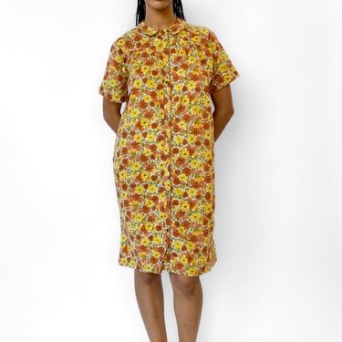 1970s Yellow Floral Housecoat/Shirtdress, sz. S-XL