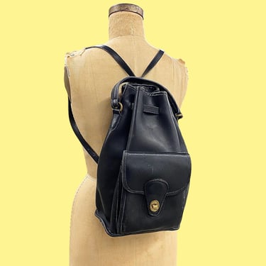 Vintage Coach Sling Backpack Retro 1990s Preppy + 9992 + Black + Genuine Leather + 2 Shoulder Straps + Top Handle + Drawstring + Brass Metal 