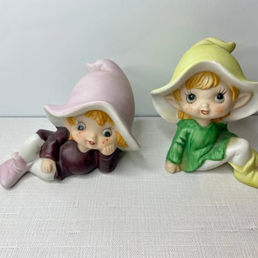 Pair of Vintage Homco 5213  Magical Fairy Pixie Elves Ceramic Figurines 