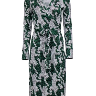 Diane von Furstenberg - Green w/ White &amp; Black Leopards Wrap Dress Sz 8