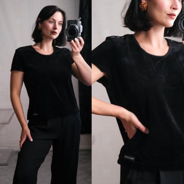 Vintage 80s SONIA RYKIEL Black Velvet Cropped Cap Sleeve Tee w/ Epaulette Shoulder Trim | Made in France | 1980s French Designer T-Shirt 