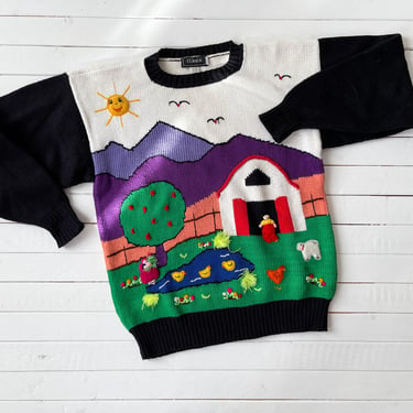 embroidered sweater | 80s 90s vintage Claver farm sheep duck pond country novelty hand knit cottagecore streetwear art to wear sweater 