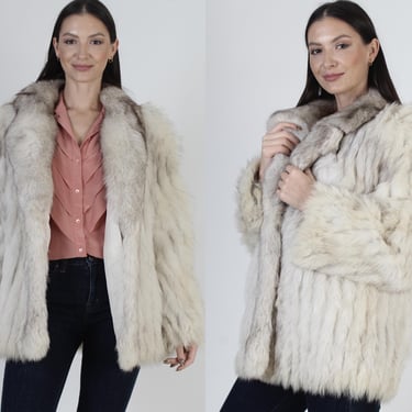 Saga Arctic Fox Fur Jacket, Off White Ivory Shawl Collar, Striped Corded Coat, Womens Winter Overcoat 