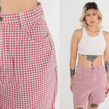 Gingham Shorts 90s High Waisted Shorts Red White Checkered Mom Shorts Retro Preppy Cuffed Summer Casual Boho Wide Leg Vintage 1990s Small 28 