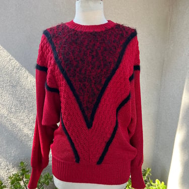Vintage bold 80s knit sweater top geometric design red black dolman sleeves Sz Medium by Angenie 