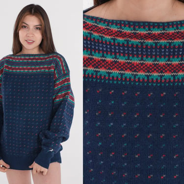 Fair Isle Sweater 80s Navy Blue Wool Pullover Knit Sweater Boat Neck Retro Geometric Print Jumper Cozy Winter Knitwear Vintage 1980s Medium 