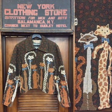 Vintage 1990’s Intarsia Knit Cat Pattern Zipper Jacket, Tapestry, 1990s Jacket, Cat Vintage 
