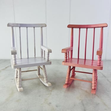 Pair of Vintage Wooden Toy Rocking Chair, for dolls or teddy bears, for pretend play, plant holder, pink and white, gift for child 