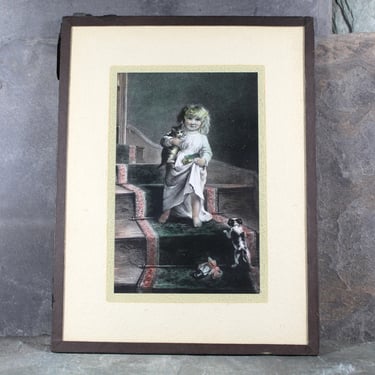 RARE Antique M.T. Sheahan "Framed" Postcard | Little Girl with Kitten and Puppy | Mounted Under Glass 8.5"x6.5" | Bixley Shop 