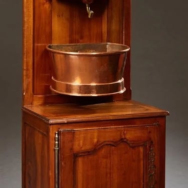Antique French Provincial Copper Lavabo Hanging Wall Basin | w/Walnut Washstand