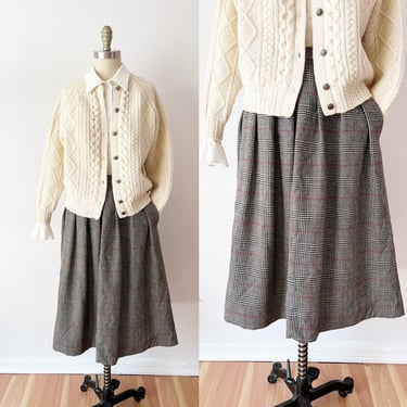 SIZE M 70s Wool Midi A Line Skirt - Dark Academia Plaid Skirt Pockets- JH Collectibles 1970s Gray Plaid Knee Length Skirt 