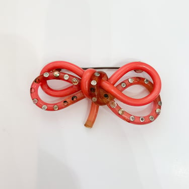 Vintage 1930s - 40s Coral Lucite Bow Brooch 