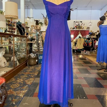 1990s formal dress, royal blue chiffon, bridgerton style, medium large, empire waist, off the shoulders, y2k fashion, 38 