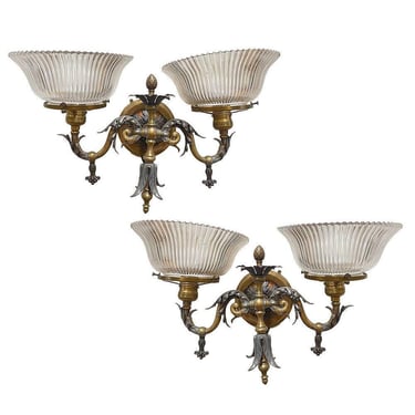 Electrified Late Victorian Baroque Brass Gas Sconces w/ Shade, Pair 