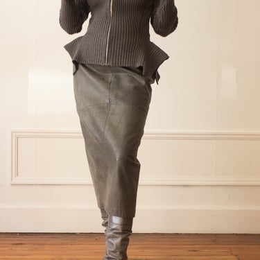 1980s Charivari Gray Leather Midi Length Skirt 