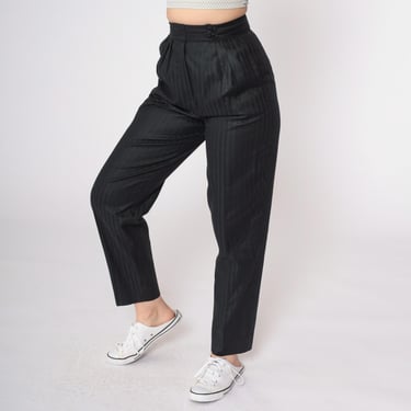 80s Black Trousers Pleated Pants High Waisted Rise Straight Subtle Stripe Tapered Leg Slacks Minimal Preppy Vintage 1980s Extra Small XS 36 