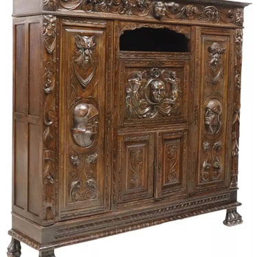 Antique Bookcase, Figural, Spanish Renaissance Revival Carved, Walnut, 1800s!