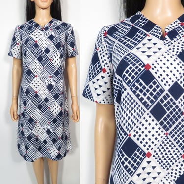 Vintage 60s/70s Mod Geometric Print Polyester A Line Dress Size M/L 