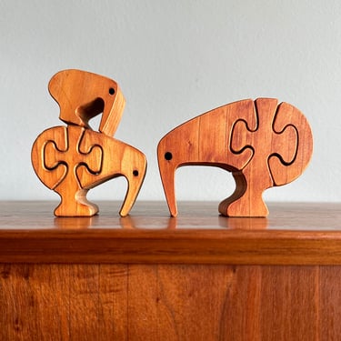 Vintage kiwi bird family handmade wood puzzle / simple Montessori style developmental toys 