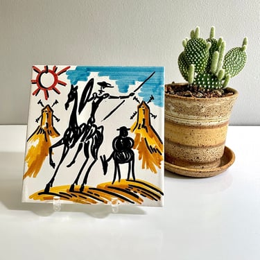 Vintage Hand Painted Tile, Don Quixote, Man of La Mancha - Wall Art, Trivet, 1957 to 1993, European Economic Community, Mid Century Modern 