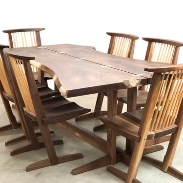 George Nakashima Style Walnut Live edge Dining Table with Six Conoid Chairs 