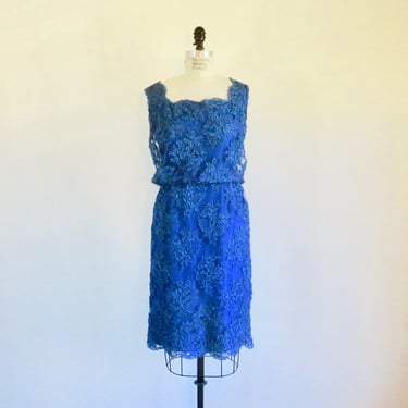 1960's Cobalt Blue Silk Lace Sheath Party Dress Sleeveless Style Square Neckline Button Back Cocktail Formal 29" Waist Size Medium 