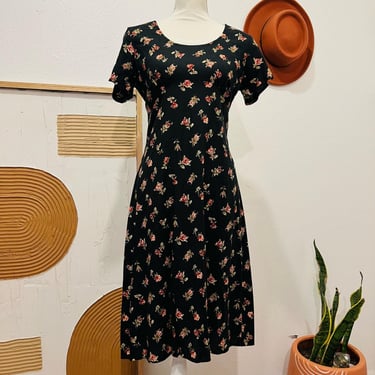 Heads Up Vintage 90s Black Rose Floral Short Sleeve USA Made Mini Dress 