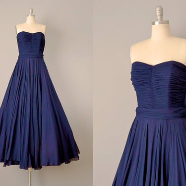 50s Dress // 1950’s Goethé Navy Ruched Silk Chiffon and Taffeta Strapless Dress // Small 