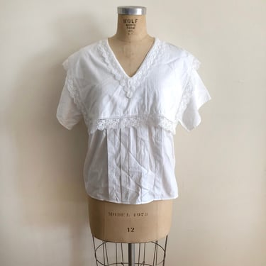 White Jessica McClintock Blouse with Lace Trim - 1980s 