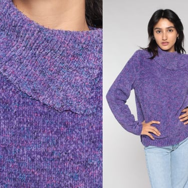 Purple Sweater 90s Space Dye Knit Sweater Pullover Asymmetrical Collar Jumper Basic Fall Hippie Boho Knitwear Vintage 1990s Petite Medium M 