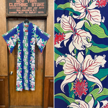 Vintage 1940’s Original Vertical Floral Rayon Pake Muu Batwing Sleeve Hawaiian Dress, Vintage Pake Muu, Hawaiian Dress, Batwing Sleeve, 