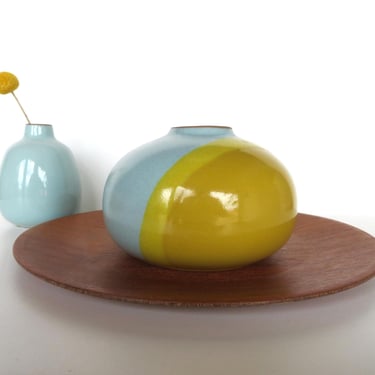 Vintage Heath Ceramics Bulb Vase In Summer Seasonal Blue and Yellow Dipped Glaze 