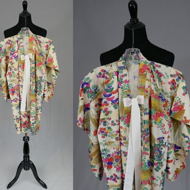 Vintage Girls' Kimono - Child Size Robe - Colorful Flowers - Tie at Chest - 33