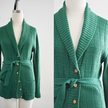 1970s Koret Green Ribbed Acrylic Cardigan Sweater 