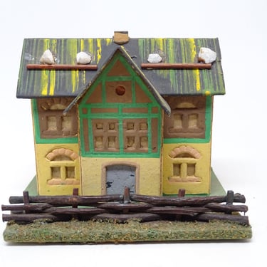 Antique German House with Twig Fence for Christmas Putz or Nativity, Vintage Embossed Cardboard Toy, Germany Light Cover 