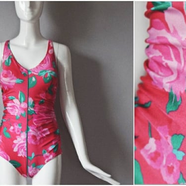 vtg 70s Gottex pink roses floral print one piece swimsuit | 1970s 16 bathing swim beach beachwear summer swimwear resort resortwear holiday 
