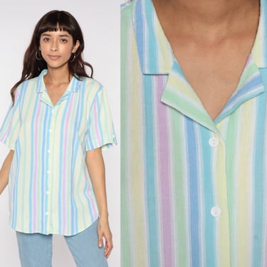 80s Striped Shirt Pastel Button Up Blouse Notched Collar Blue Green Yellow Pink Stripes Preppy Vintage Short Sleeve Collar 1980s Large L 