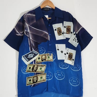 Vintage 2000s Blue Card Gambling Button Down Shirt Sz. M