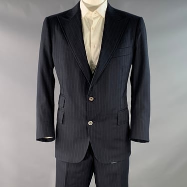 ASTOR & BLACK Size 44 Navy Blue Pinstripe Single Breasted Peak Lapel 3 Piece Suit