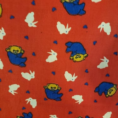 Vintage 80s Red Fabric / Child Themed / 4 Plus Yds / Bunny Rabbits / Teddy Bears / Hearts 