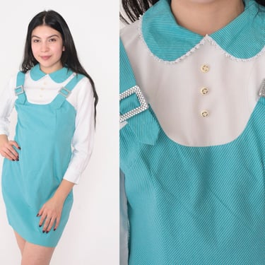 Mod Mini Dress 60s Layered Jumper Overall Dress White Blue Peter Pan Collar Long Sleeve Shift Rhinestone Twiggy Vintage 1960s Extra Small xs 
